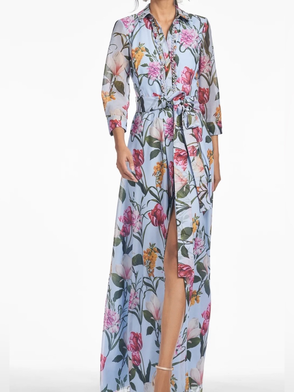 Sachin + Babi Addison Gown Glacial Blue Blossoms Tie-Waist Shirt Maxi Dress NWT